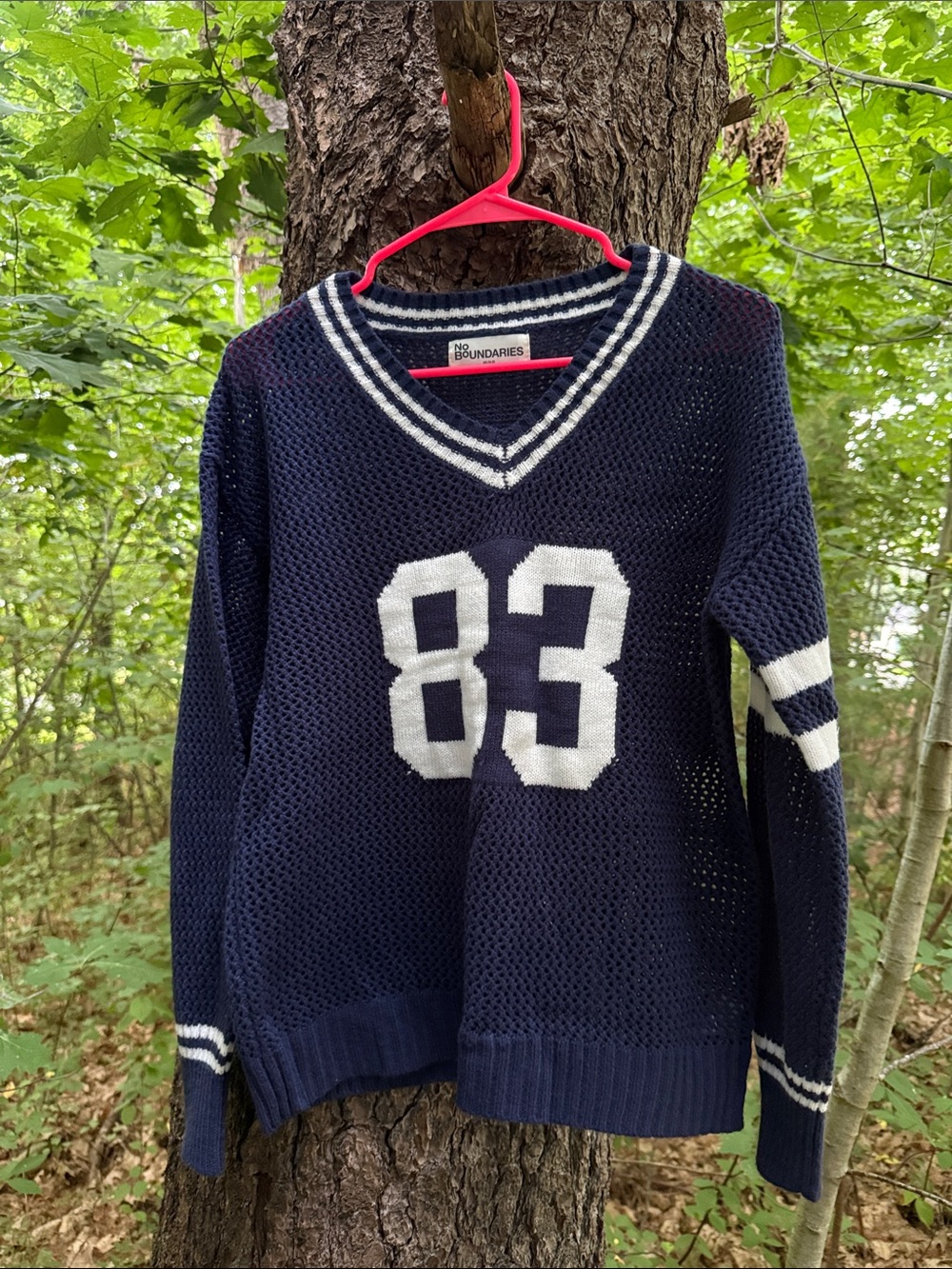 No Boundaries Navy and White V-Neck Mesh Sweater with '83